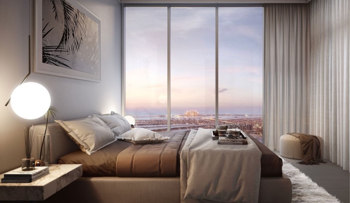 Schlafzimmer Beach Vista Emaar Beachfront Dubai mit Blick auf Palm Jumeirah