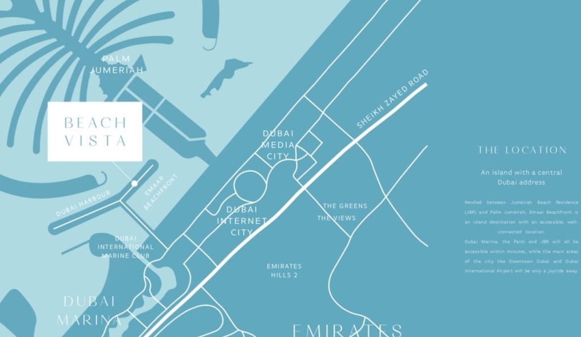 Lage von Beach Vista Emaar Beachfront Dubai zwischen Dubai Marina und Palm Jumeirah