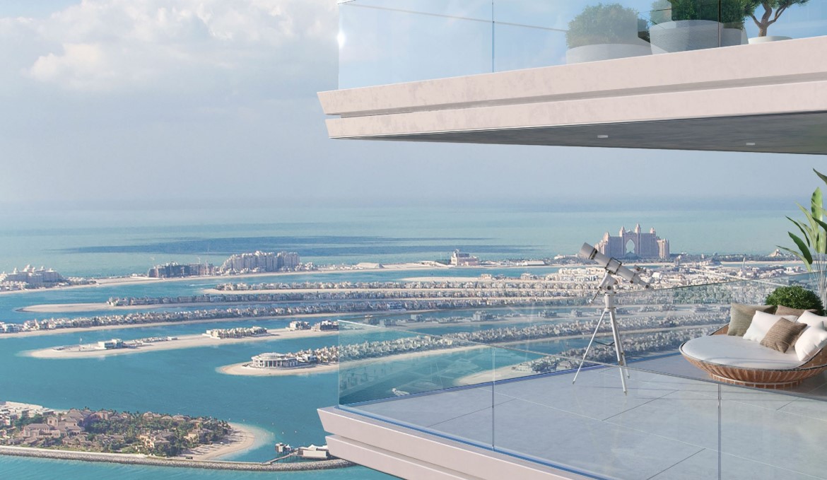 Aussicht auf Palmeninsel Palm Jumeirah von Beach Vista Emaar Beachfront Dubai