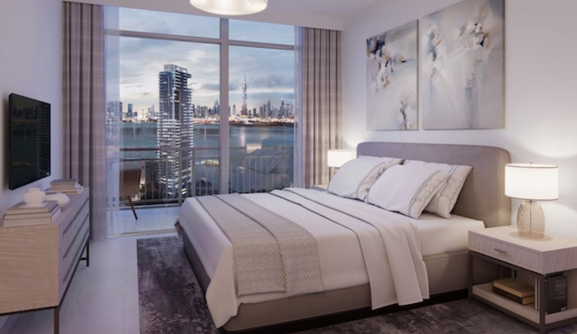 Schlafzimmer Creek Rise auf Dubai Creek Island von Emaar mit Blick auf Downtown