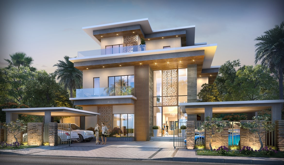 Damac Lagoons Dubai Portofino 8 Zimmer Villa Vorderseite Min