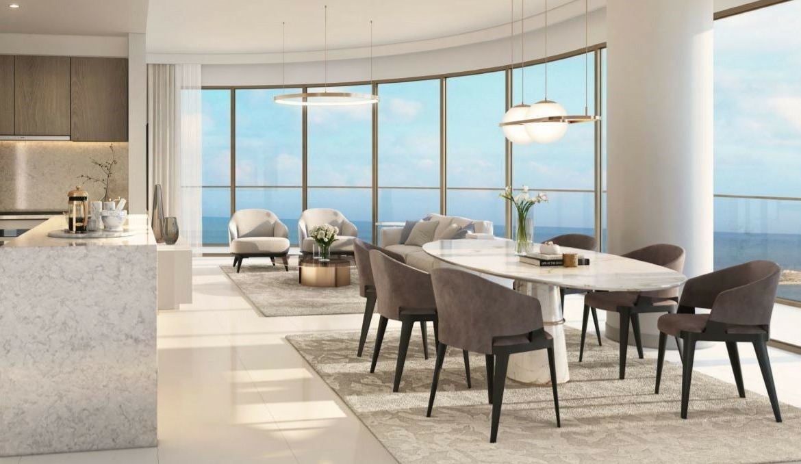 Esszimmer Elie Saab Emaar Beachfront Dubai mit Blick auf Palm Jumeirah und Arabischen Golf