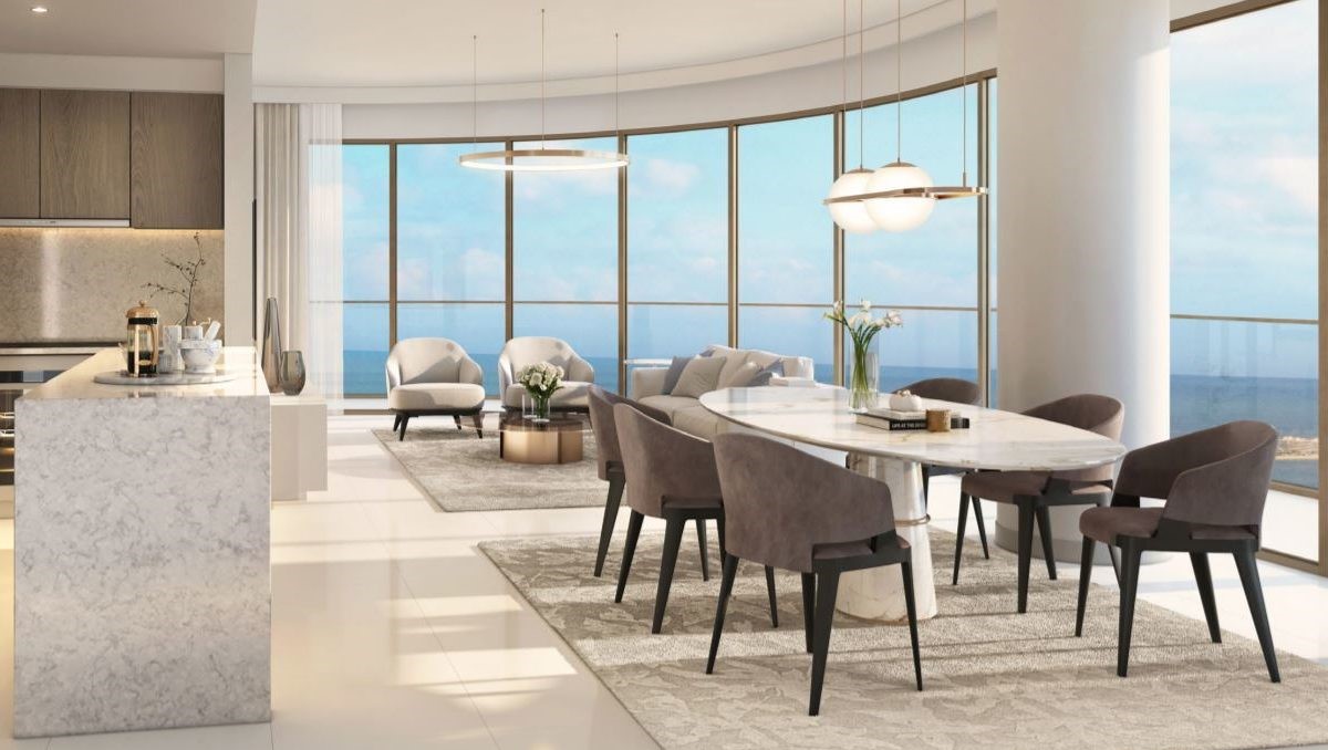 Esszimmer Elie Saab Emaar Beachfront Dubai mit Blick auf Palm Jumeirah und Arabischen Golf
