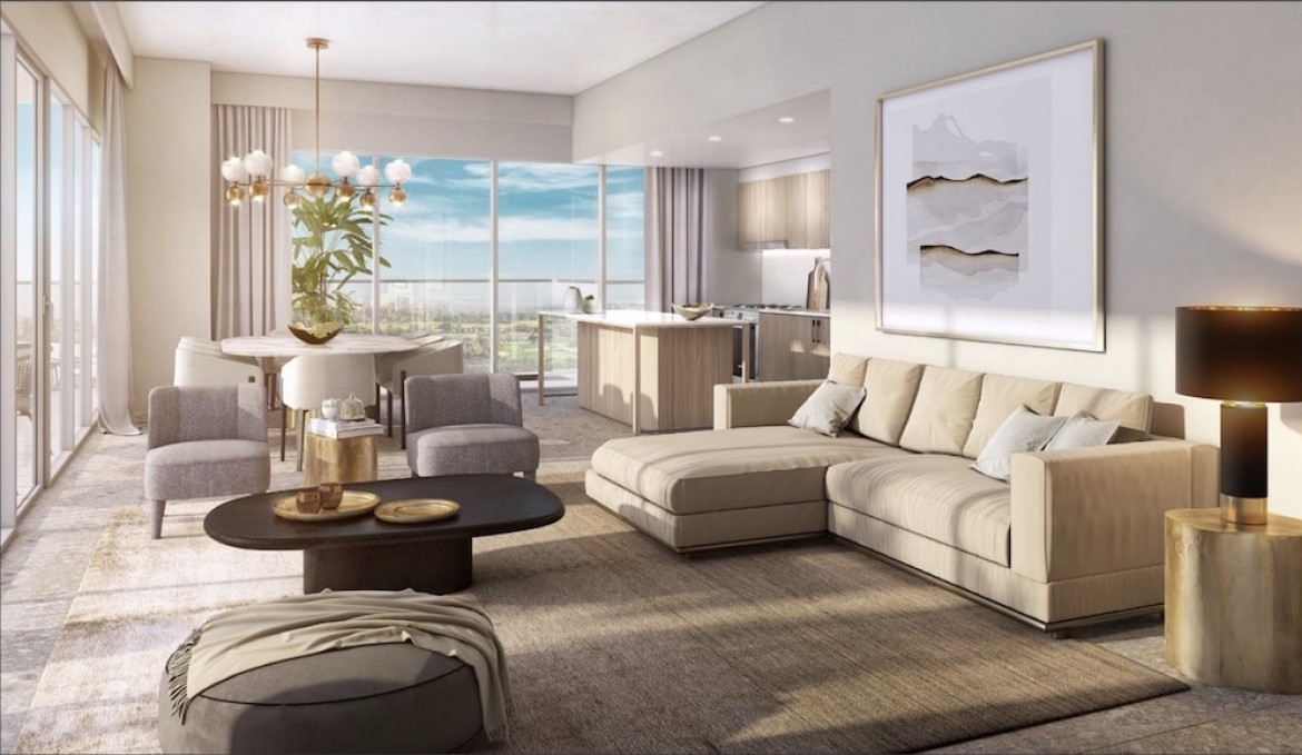 Wohnzimmer, Essbereich und Küche Golf Suites Dubai Hills Emaar