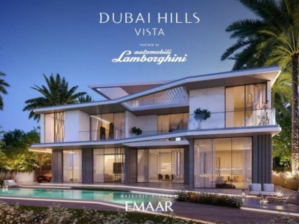 Aussenansicht mit Pool und Garten V12 Lamborghini Villa Dubai Hills Emaar