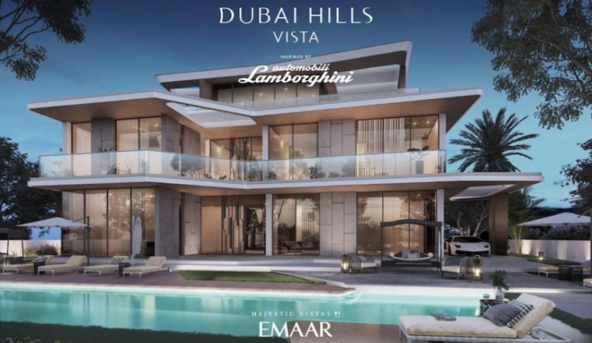 Aussenansicht mit Pool und Garten Lamborghini Villa Dubai Hills Emaar