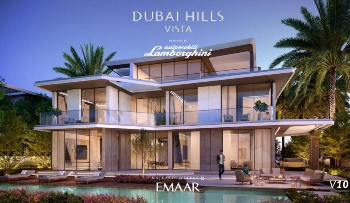 Aussenansicht mit Pool und Garten V10 Lamborghini Villa Dubai Hills Emaar