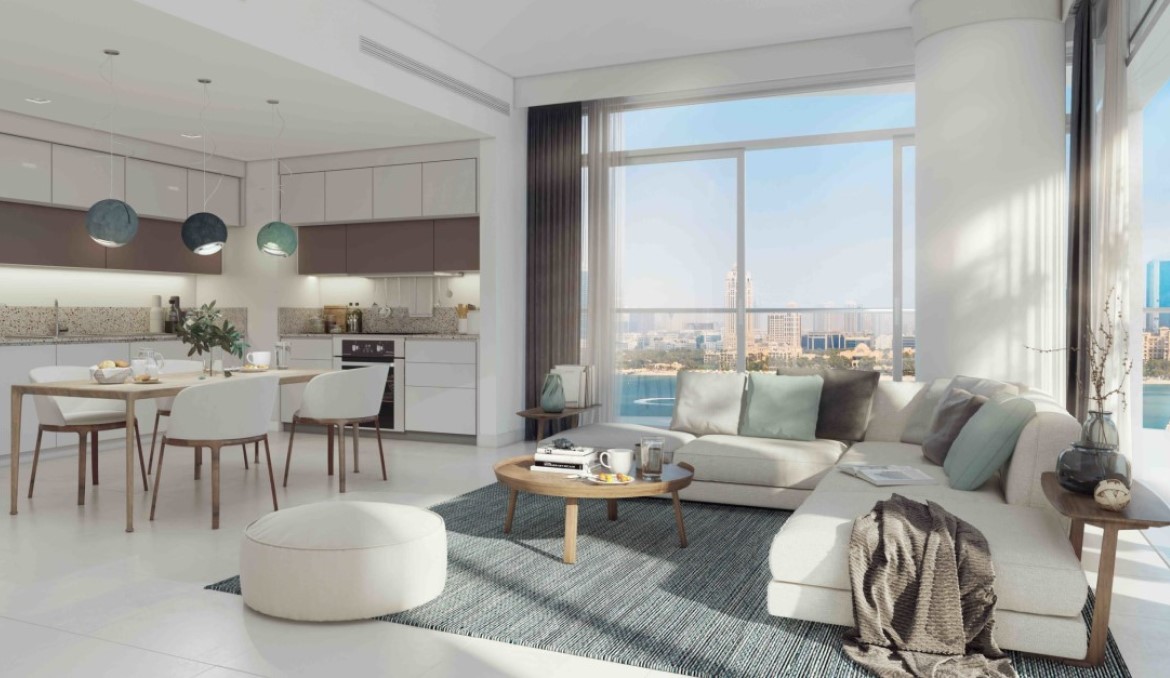 Wohnzimmer Marina Vista Emaar Beachfront Dubai mit Sicht auf Yachthafen