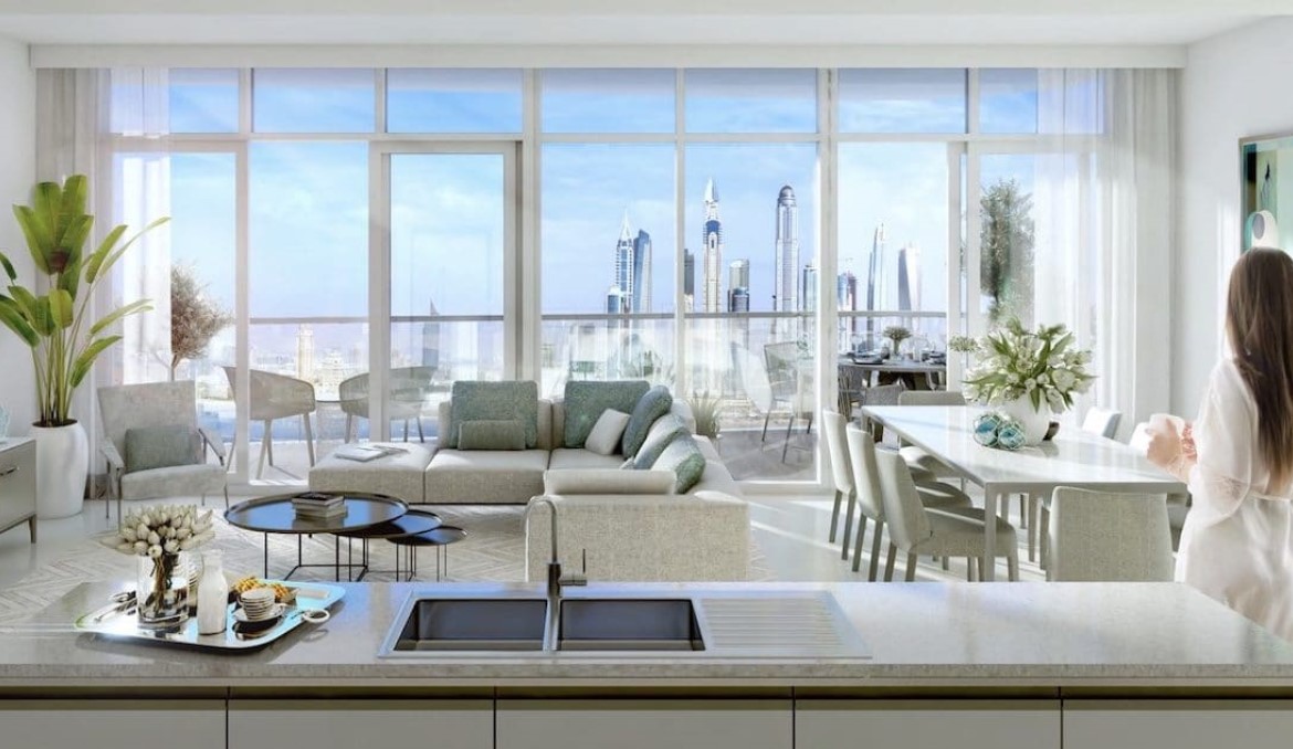 Wohnzimmer Marina Vista Emaar Beachfront mit Blick auf Marina Skyline Dubai