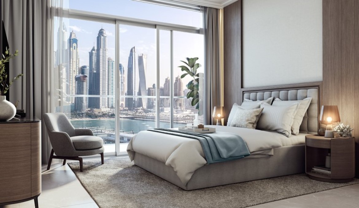 Schlafzimmer Palace Beach Emaar Beachfront und Blick auf Dubai Marina Skyline